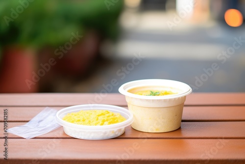 risotto milanese packaged in a to-go container  on a bench outside