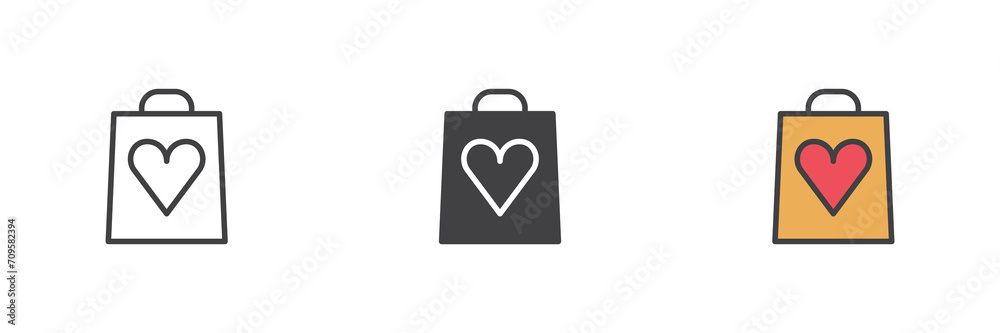 Shopping bag with heart different style icon set Shopping bag with heart different style icon set