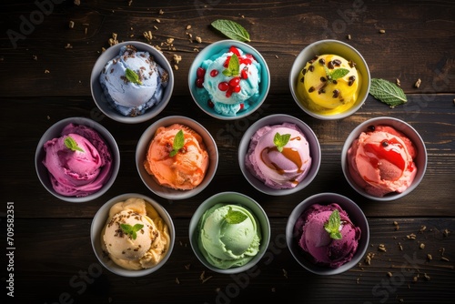 gourmet flavours of Italian ice cream in vibrant colors served in individual porcelain cups on an old rustic wooden table top view
