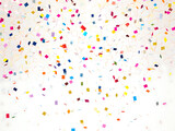 Lots of small colorful confetti falling on a white background. Suitable for celebration events and parties. Created with Generative AI.