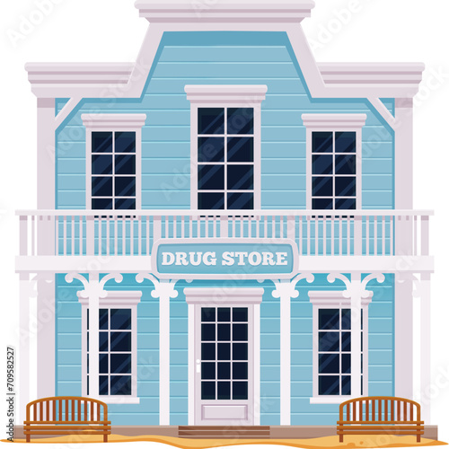 Western Wild West town drug store cartoon building. Vector two storey house of old american street scene. Wild West pharmacy, apothecary or drugstore front view with blue white wood facade and balcony