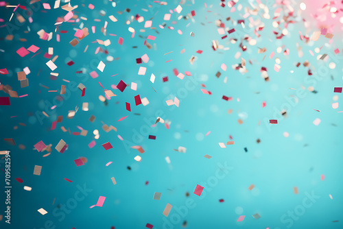 Lots of small colourful confetti fall on a blue and white gradation background. Great for celebrations and parties. Created with Generative AI.