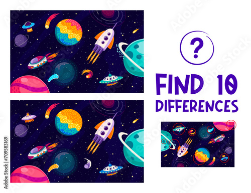 Find ten differences at starry galaxy space landscape. Difference spotting activity or quiz, objects comparing kids game vector worksheet with planets, rockets and UFO saucer flying in outer space