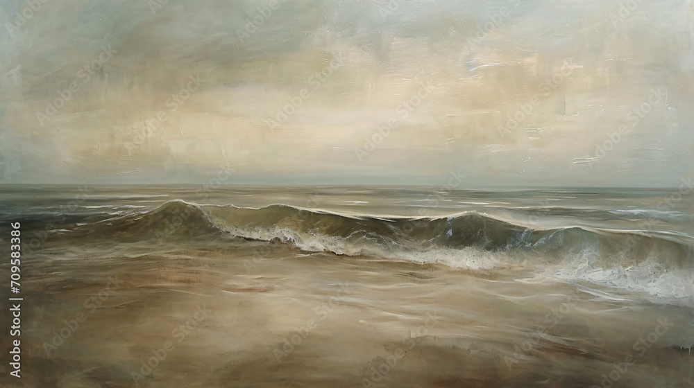 Fototapeta premium Abstract painting of a stormy sea with waves breaking on the shore