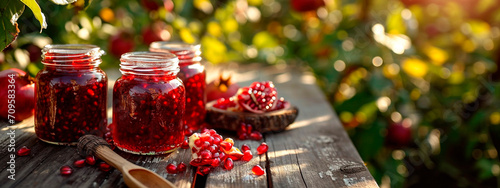 Pomegranate jam in a jar. Selective focus.