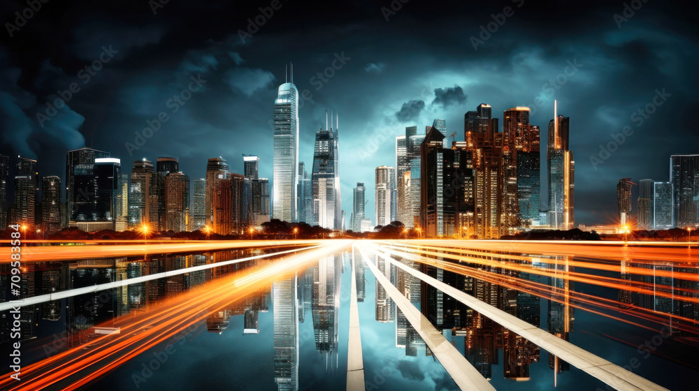 Fototapeta premium Reflections of City Lights in Water, Beautiful City Skyline Illuminated at Night