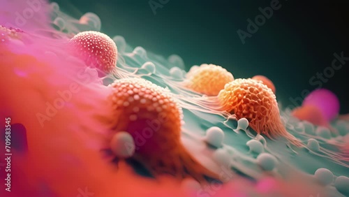 detailed microscopic view of cancer cells dividing and multiplying, its irregular structure and rapid growth characterizing its aggressive nature. photo