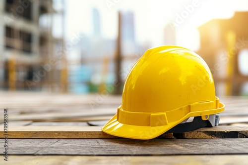 Yellow helmet on a blurred background, Construction background. photo