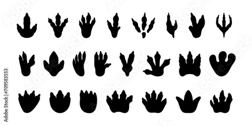 Dinosaur footprint. Black dino silhouette fossil paw print. Monster reptile footsteps. Paleontology fossil footprints. Tyrannosaurus, triceratops paws vector set photo