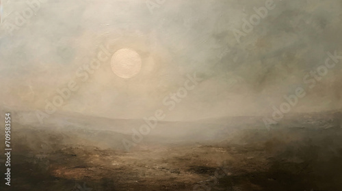 Dramatic foggy sunrise over a desert landscape, panorama