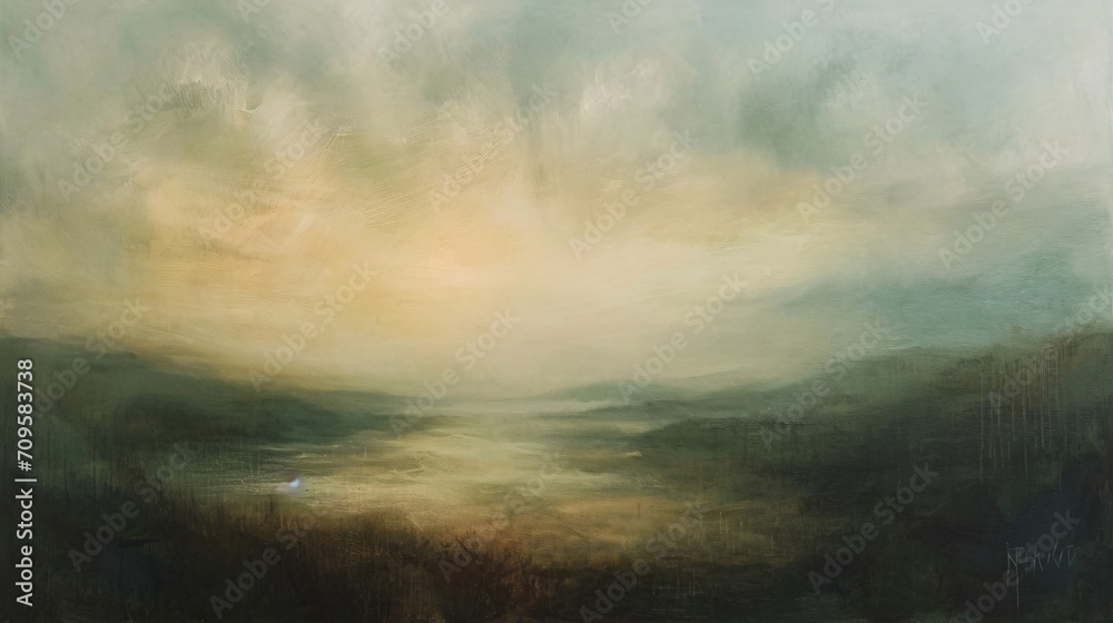 Fototapeta premium Sunset over the lake. Watercolor painting. Landscape.