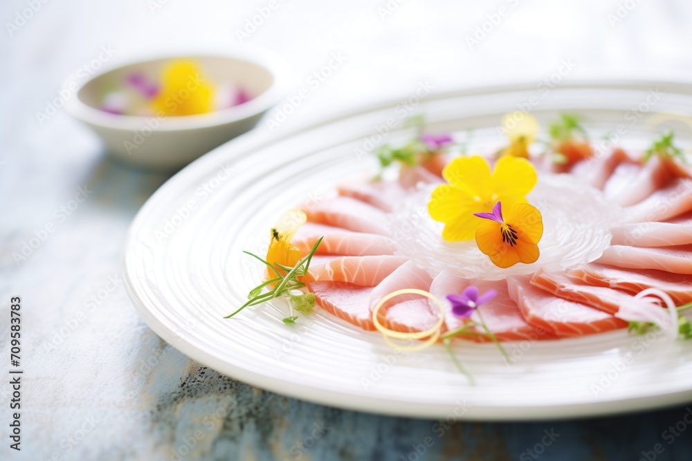 sashimi on a circular plate with radish curls