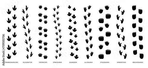 Step tracks dinosaur trails. Dino paw footprint, wild ancient animal, predator trace footstep, walking reptile step, lizard trail feet, silhouette paw prints vector set photo