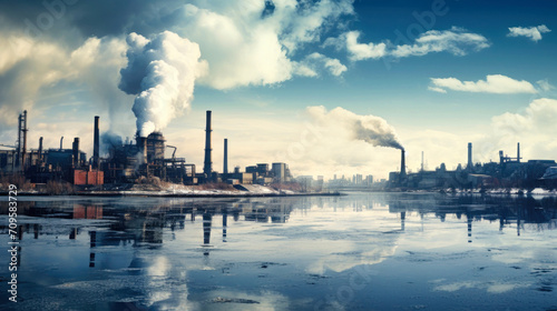 A large factory or power plant with large chimneys that produce large amounts of gases and smoke. The topic of air pollution