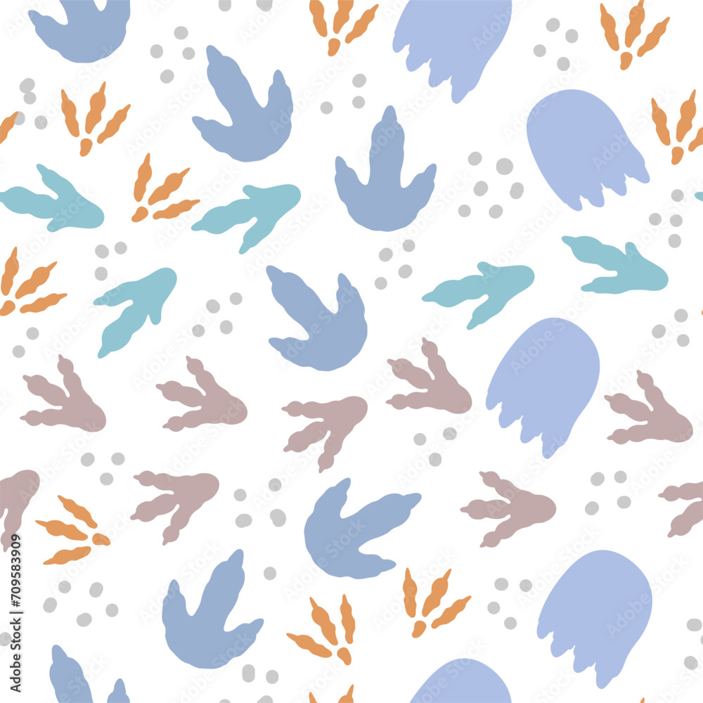 Seamless pattern dinosaur foot trace. Color kids background with dino footprint trace. Jurassic reptiles paw steps on pattern for fabric, wallpaper. Vector illustration