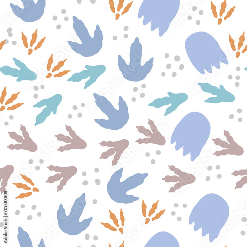 Seamless pattern dinosaur foot trace. Color kids background with dino footprint trace. Jurassic reptiles paw steps on pattern for fabric  wallpaper. Vector illustration