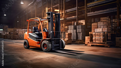 A forklift lifts cargo onto racks in an industrial warehouse. Forklift for warehouse and industry.