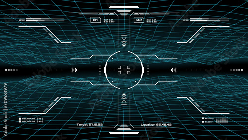 Military HUD interface, target aim controls screen, vector futuristic dashboard with radars. Military game or HUD technology virtual panel display of submarine or aircraft target aim with gun sight