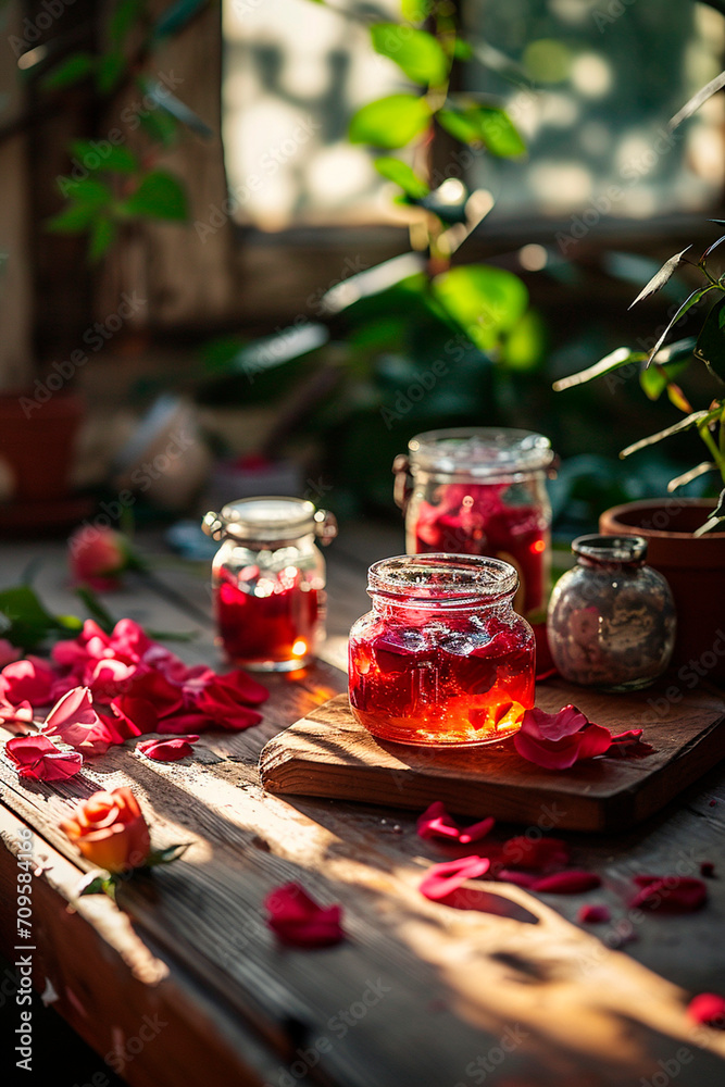 Rose petals jam in a jar. Selective focus.