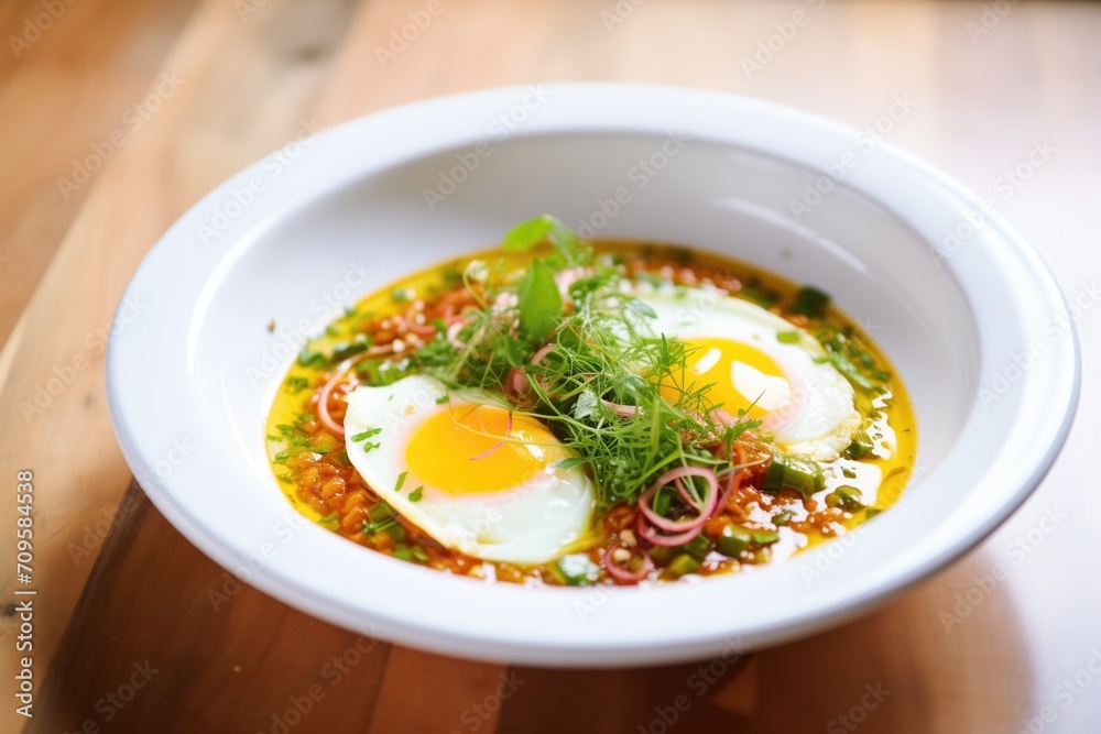 modern plating, shakshuka in white dish, microgreens scattered modern plating, shakshuka in white dish, microgreens scattered