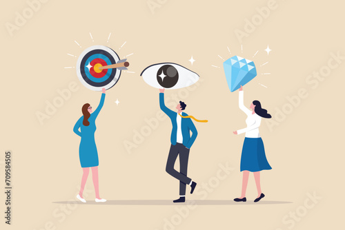 Mission, vision and value, company statement to drive success, strategy plan or leadership principle for employee to reach target concept, business people holding mission, vision and value elements.