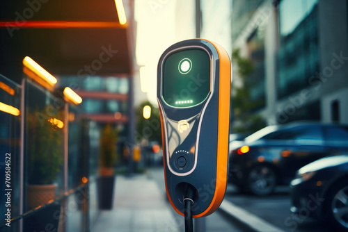 Charging station for recharging the battery with electricity using an EV charging cable in an evening city street. Innovative electric vehicle and energy sustainability.