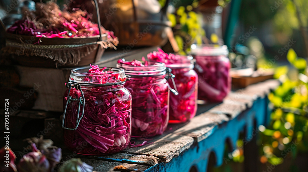Red cabbage preserved in a jar. Selective focus. - obrazy, fototapety, plakaty 