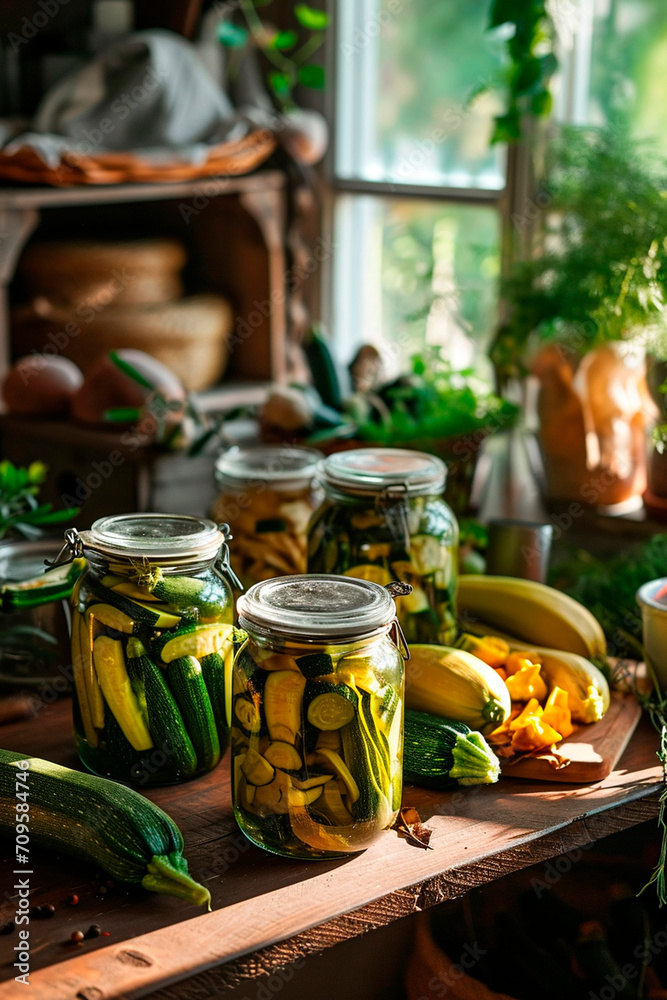Preserved zucchini in a jar. Selective focus. Preserved zucchini in a jar. Selective focus.