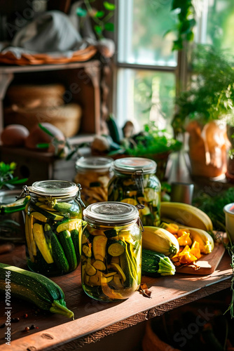 Preserved zucchini in a jar. Selective focus.