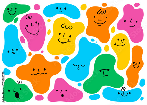 Abstract shapes characters. Hand drawn colorful amorphous mascots with different emotions. Stickers with faces, funny emoji, funny avatars. Vector set photo
