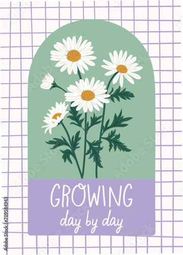 Daisy floral illustration with an inspirational quote. Ready to print artwork for greeting card, poster, wall art, book covers etc. 90s and y2k inspired vector artwork.