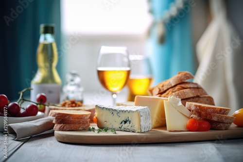 sourdough bread alongside cheeses and wine for pairing photo
