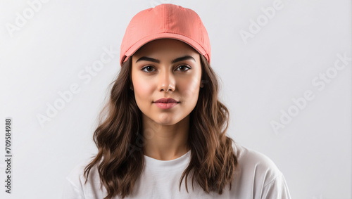 young woman wearing a dad hat isolated on a white background