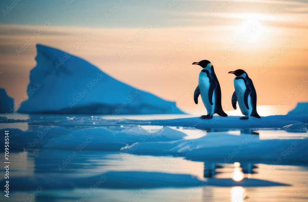 Penguins on an ice floe in the middle of the ocean against a backdrop of scattered sunlight. A melting iceberg and global warming. Climate change, environmental disaster, melting glaciers.