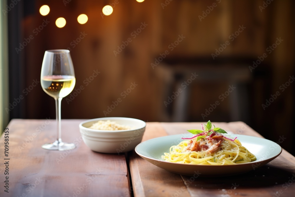 carbonara on a rustic table, glass of white wine beside the dish