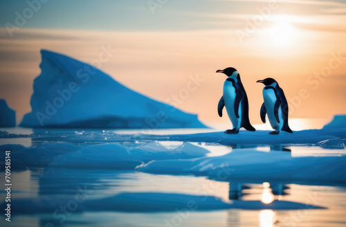 Penguins on an ice floe in the middle of the ocean against a backdrop of scattered sunlight. A melting iceberg and global warming. Climate change  environmental disaster  melting glaciers.