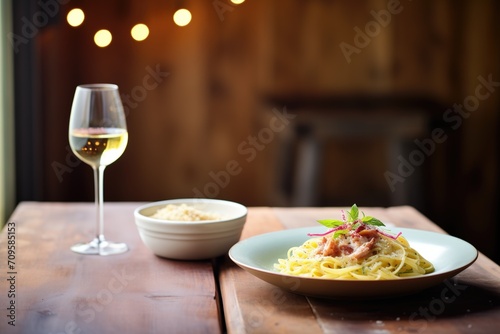 carbonara on a rustic table  glass of white wine beside the dish