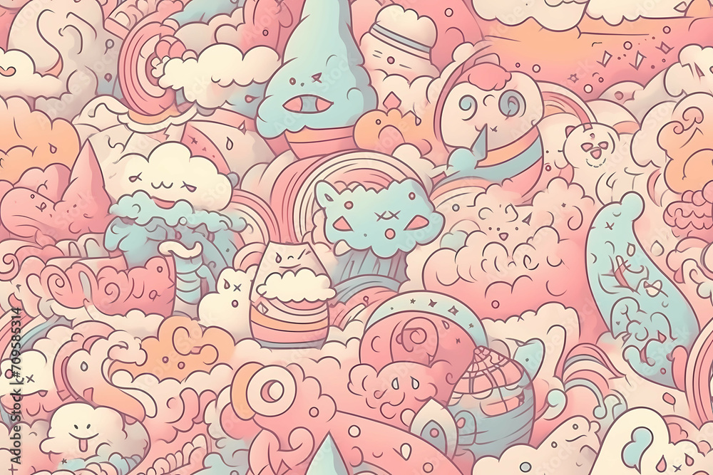 Fantasy Background, A Pattern Of Cartoon Doodles Fantasy Background, A Pattern Of Cartoon Doodles
