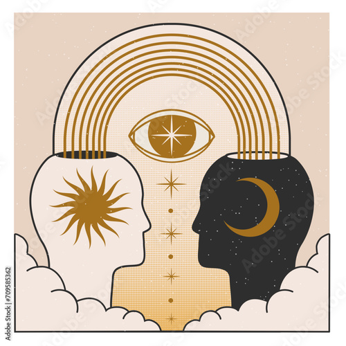 Mystical concept with celestial human. Abstract spiritual magic silhouette with moon, sun and mind connection. Esoteric galaxy texture. Day and night. Vector illustration