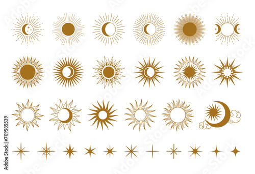 Abstract magical sun. Graphic golden sun, sunrise elements, moon and stars. Astrology mystical decorative symbols. Day and night sign isolated on white background vector