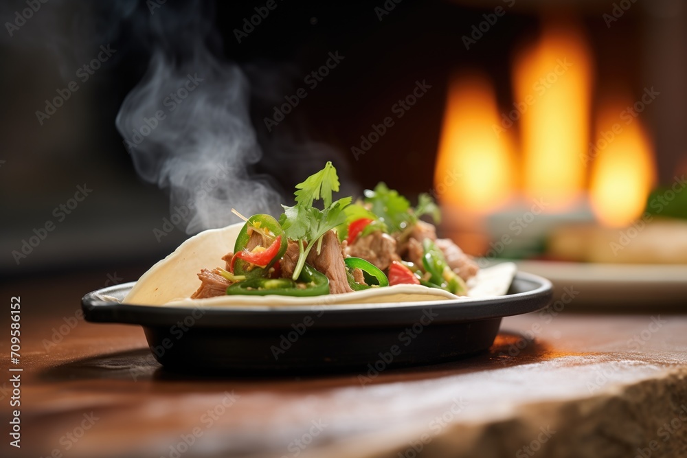 heated stone plate with sizzling fajita taco fillings, steam visible heated stone plate with sizzling fajita taco fillings, steam visible