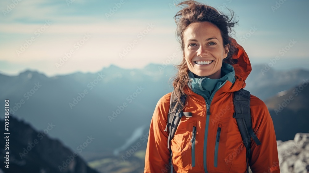 portrait of attractive middle aged woman in sportive outfit, hiking outdoor in the mountains