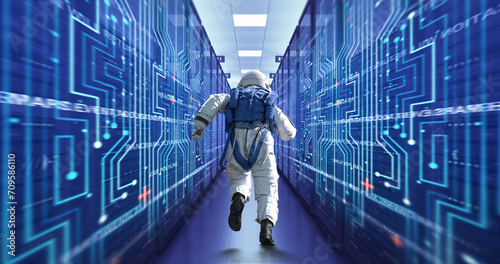 Exploring the Cosmic Data Center with Astronaut and AI. Technology And Science Related 3D Render.