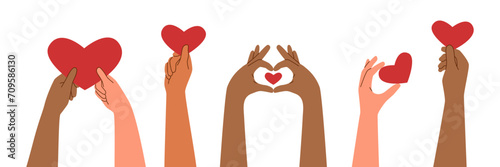 Set of hands raised up and holding hearts isolated on white background. Love and care concept. Valentines day.