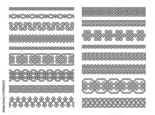 Celtic borders. Seamless vintage border frames with celtic folk knots tattoo black and white decorative design. Pattern brushes, endless chains vector set photo