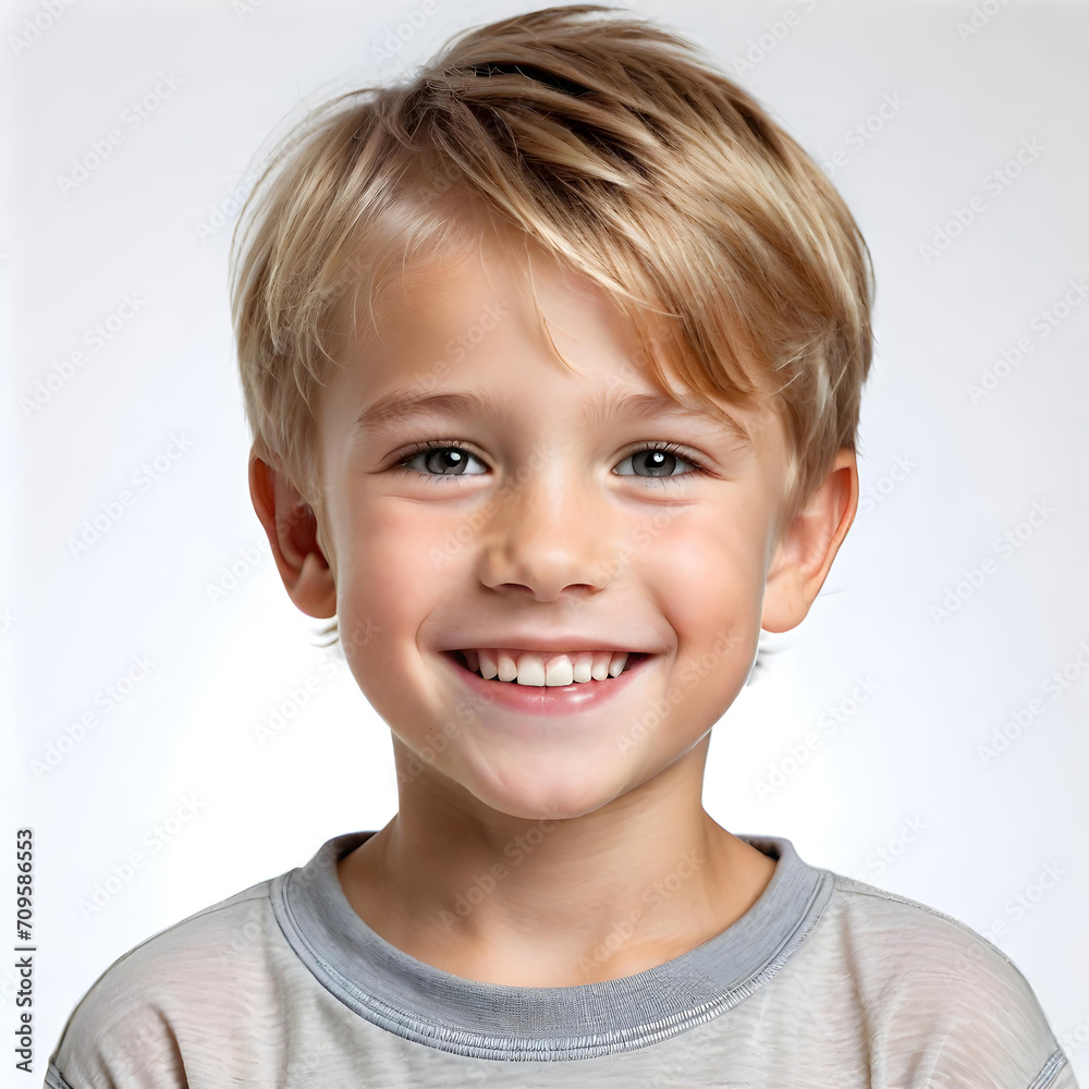 White background photo of professional portrait of cute blond Caucasian boy child model smiling with perfect clean teeth. For advertising, web design, etc. White background photo of professional portrait of cute blond Caucasian boy child model smiling with perfect clean teeth. For advertising, web design, etc.