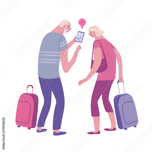 Elderly couple traveling, vector illustration with layers.