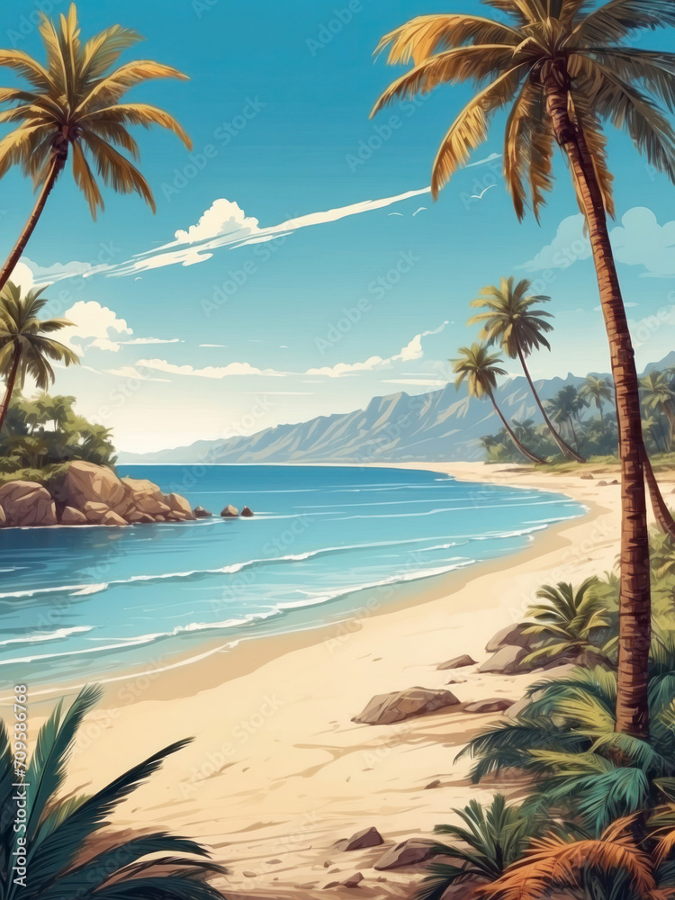 oceanic beach with palm trees and clean sand against a background of blue clear sky, concept of relaxation vacation in tropical countries, vacation travel, illustration
