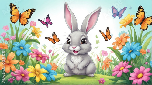 bright spring picture with a rabbit and flowers, spring bright background, in the style of a children's book illustration, Easter