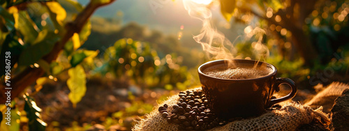 a cup of coffee beans against the background of a coffee plantation. Selective focus. photo